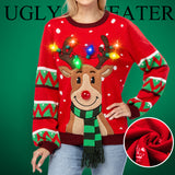 Women Reindeer Ugly Sweater with Light Bulbs