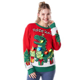 LED Ugly Christmas Sweater with Light - Red Dinosaur