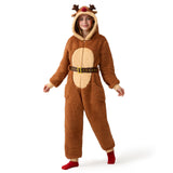 Brown Adult Womens Christmas Pajamas, Hoody Holiday Jumpsuit