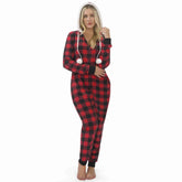 Women Flannel Christmas Buffalo Plaid Jumpsuit Red