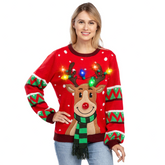 Women Reindeer Ugly Sweater with Light Bulbs