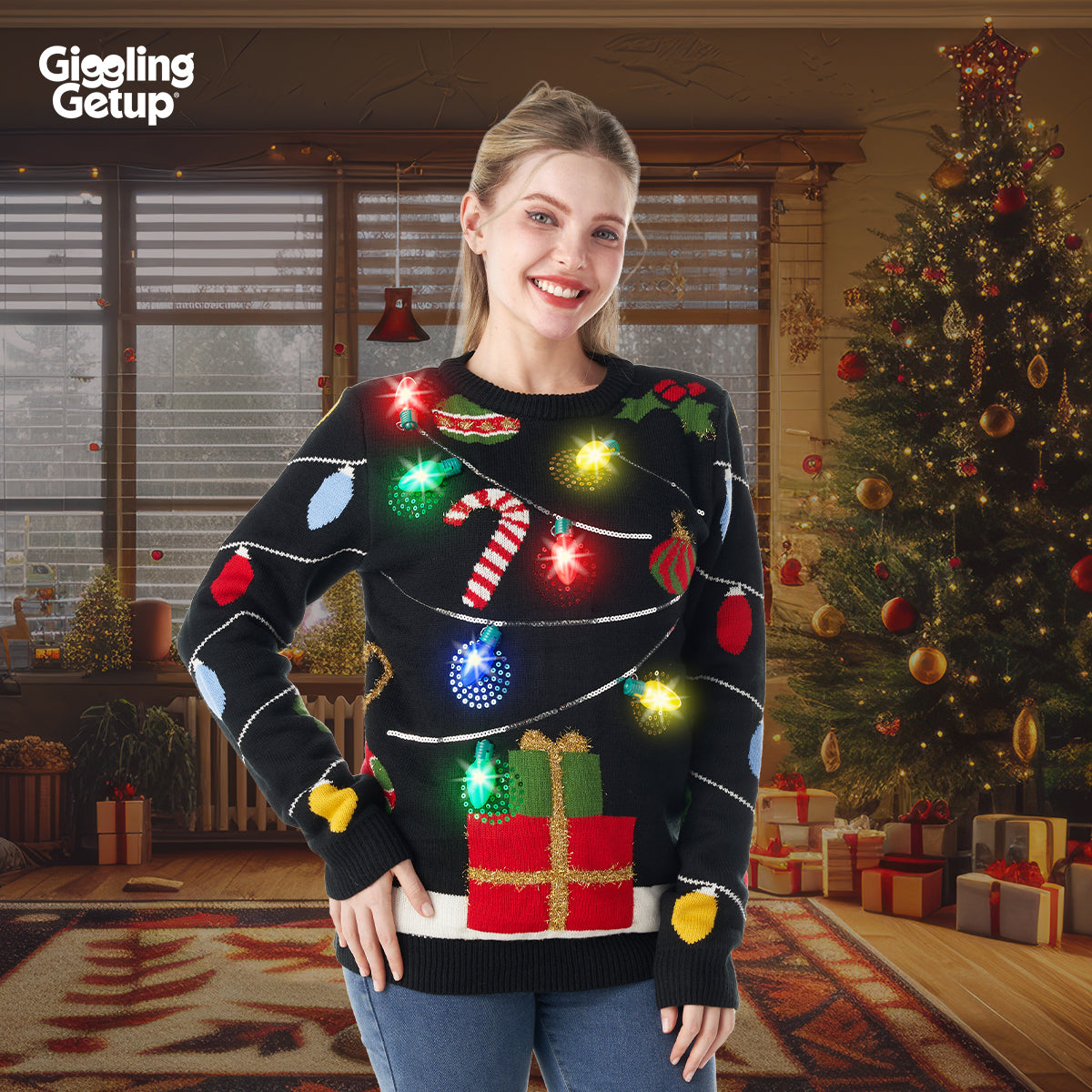 String lights ugly sweater with light bulbs (Women)