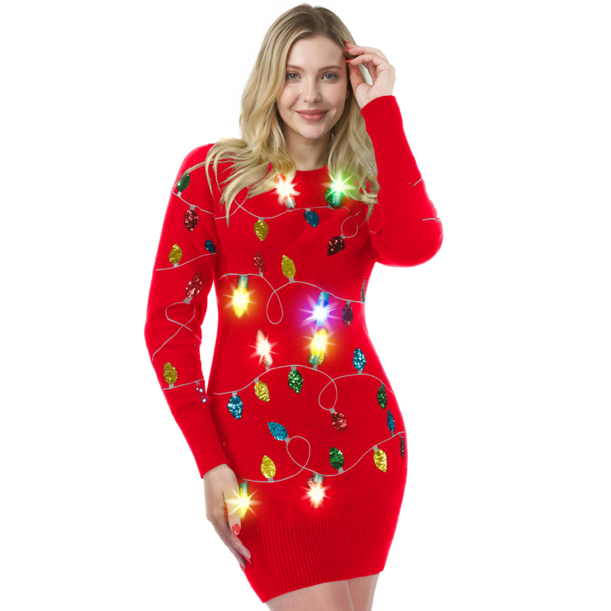 Giggling Getup Womens Light Up Ugly Christmas Sweater Dress with Colorful Light Up Bulb