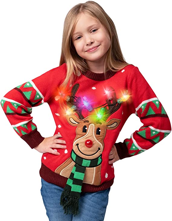 Kids LED Light Up Red Christmas Sweater Reindeer