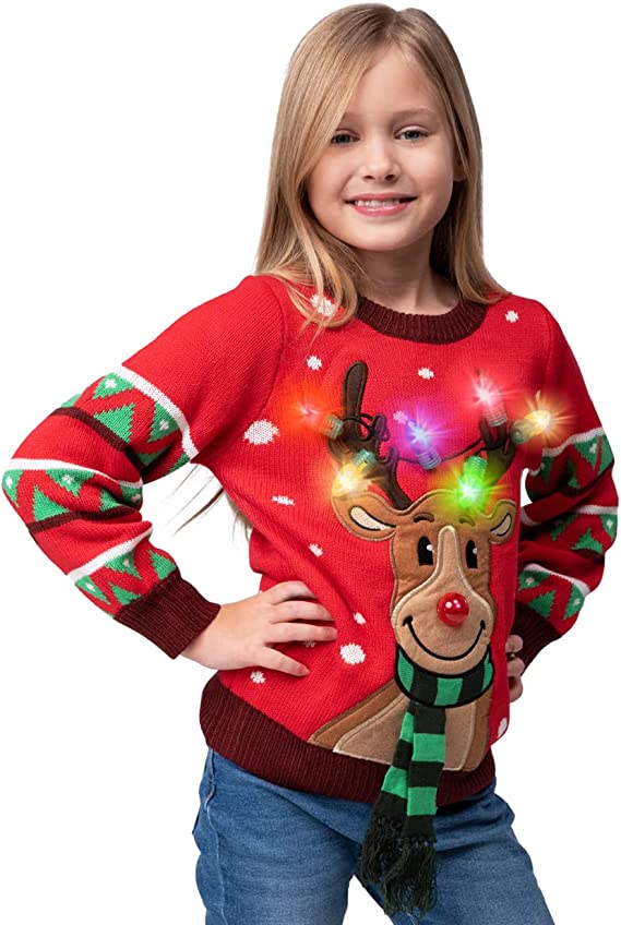 Kids LED Light Up Red Christmas Sweater Reindeer