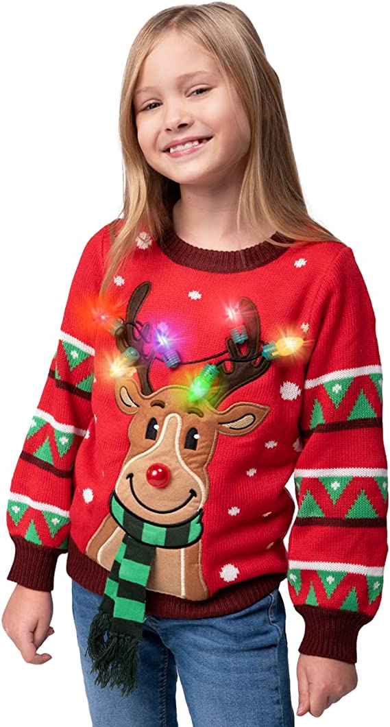 Kids LED Light Up Red Christmas Sweater Reindeer