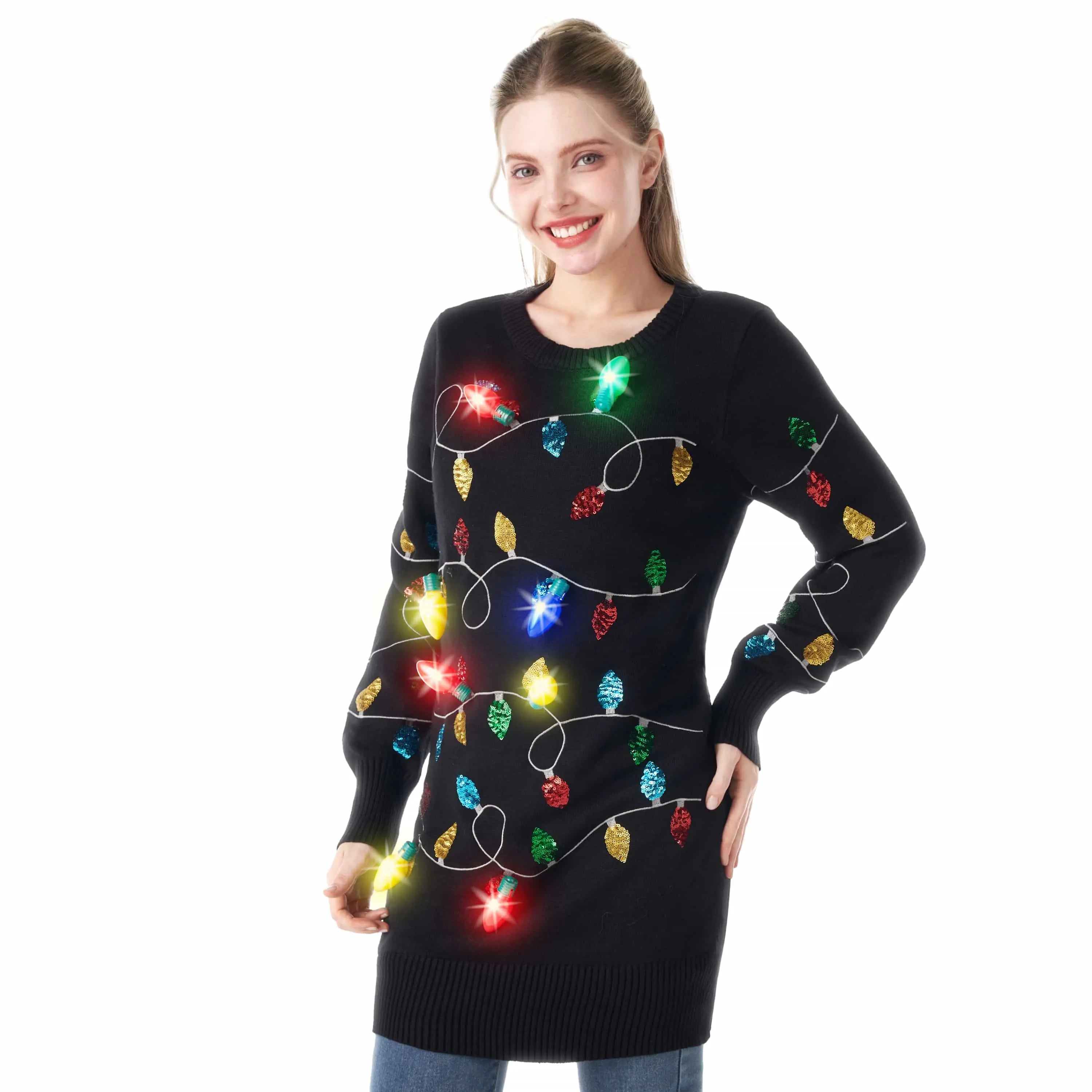 Women Colorful Light bulb Long Sweater Dress with bulbs