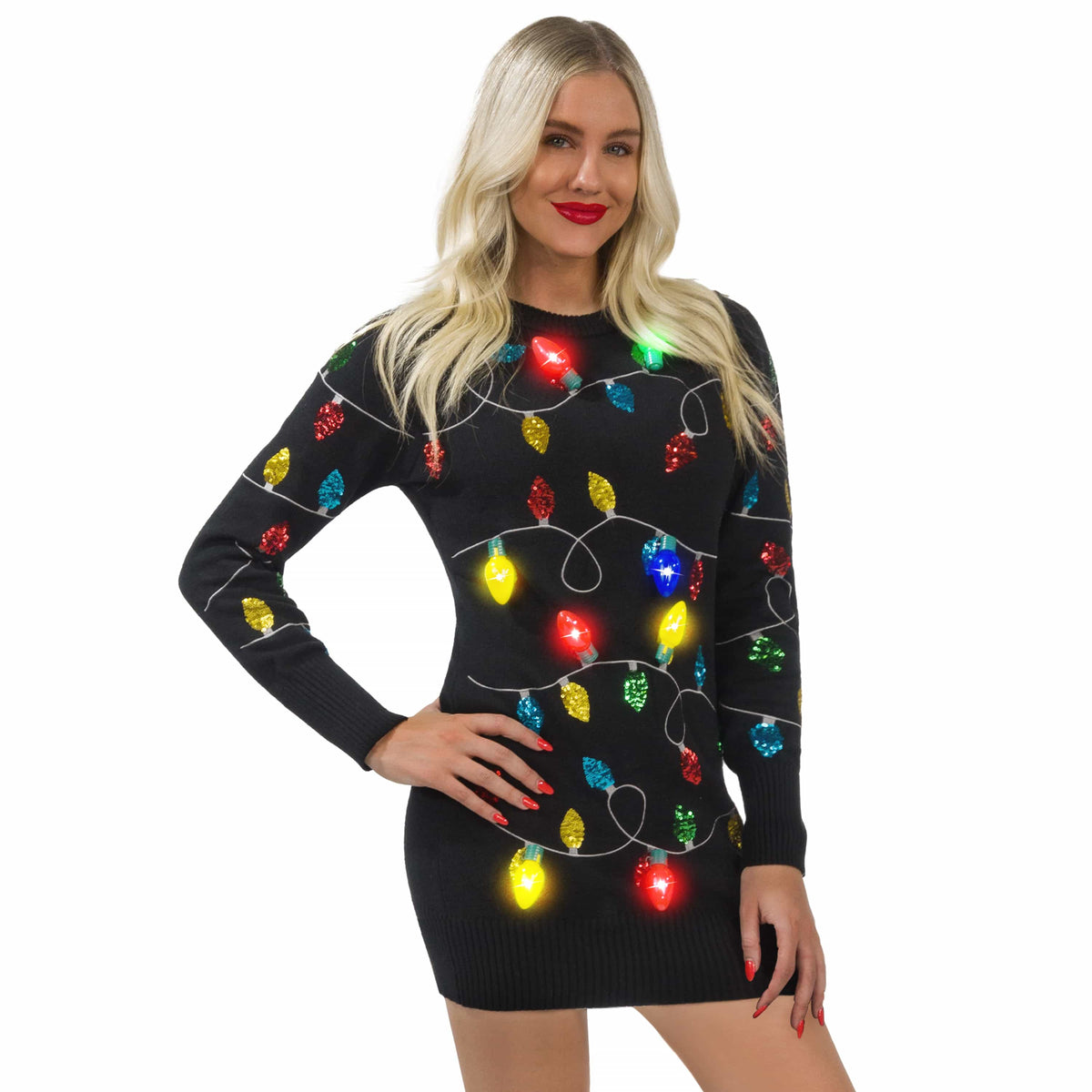 Women Colorful Light bulb Long Sweater Dress with bulbs