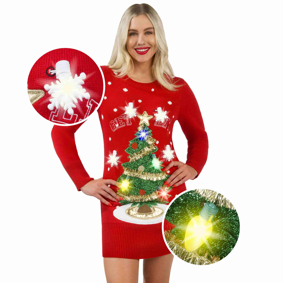 Women Red Sweater Dress Christmas Tree with bulbs