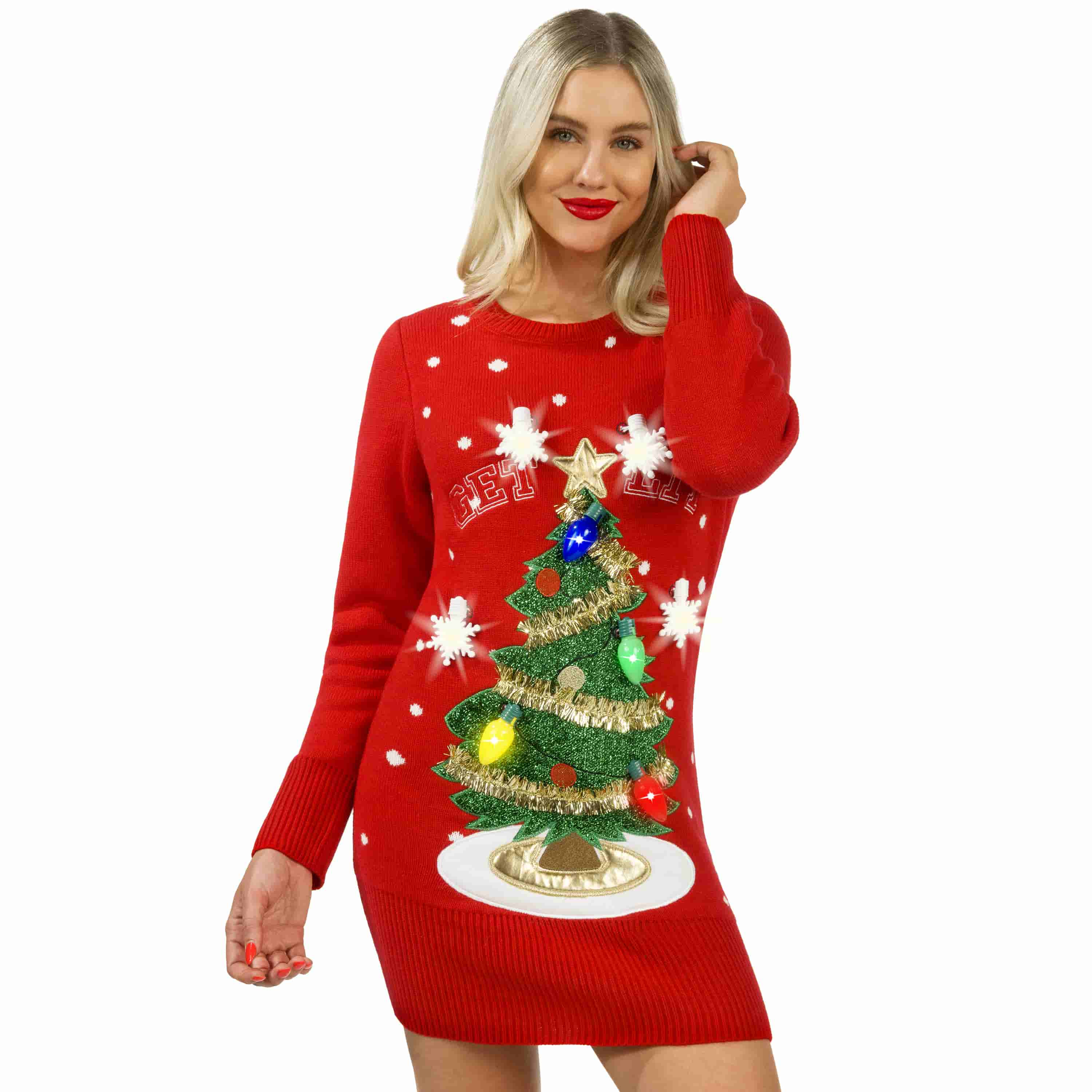 Women Red Sweater Dress Christmas Tree with bulbs