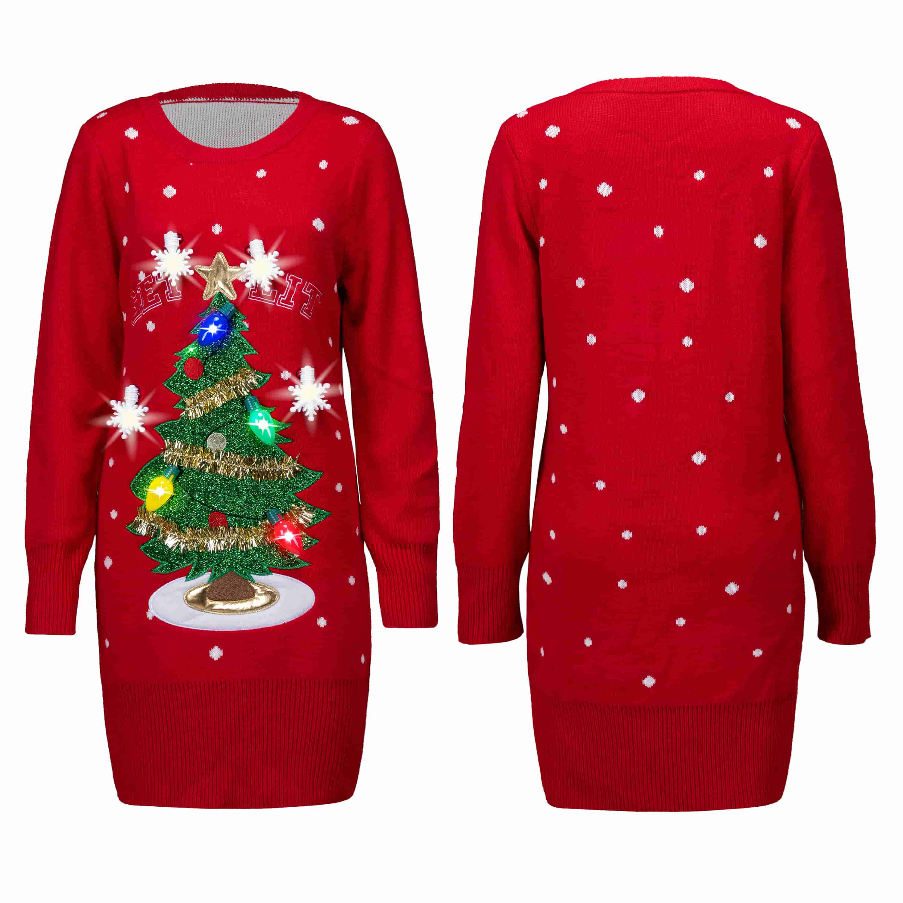 Women Red Sweater Dress Christmas Tree with bulbs