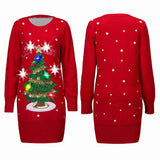 Women Red Sweater Dress Christmas Tree with bulbs