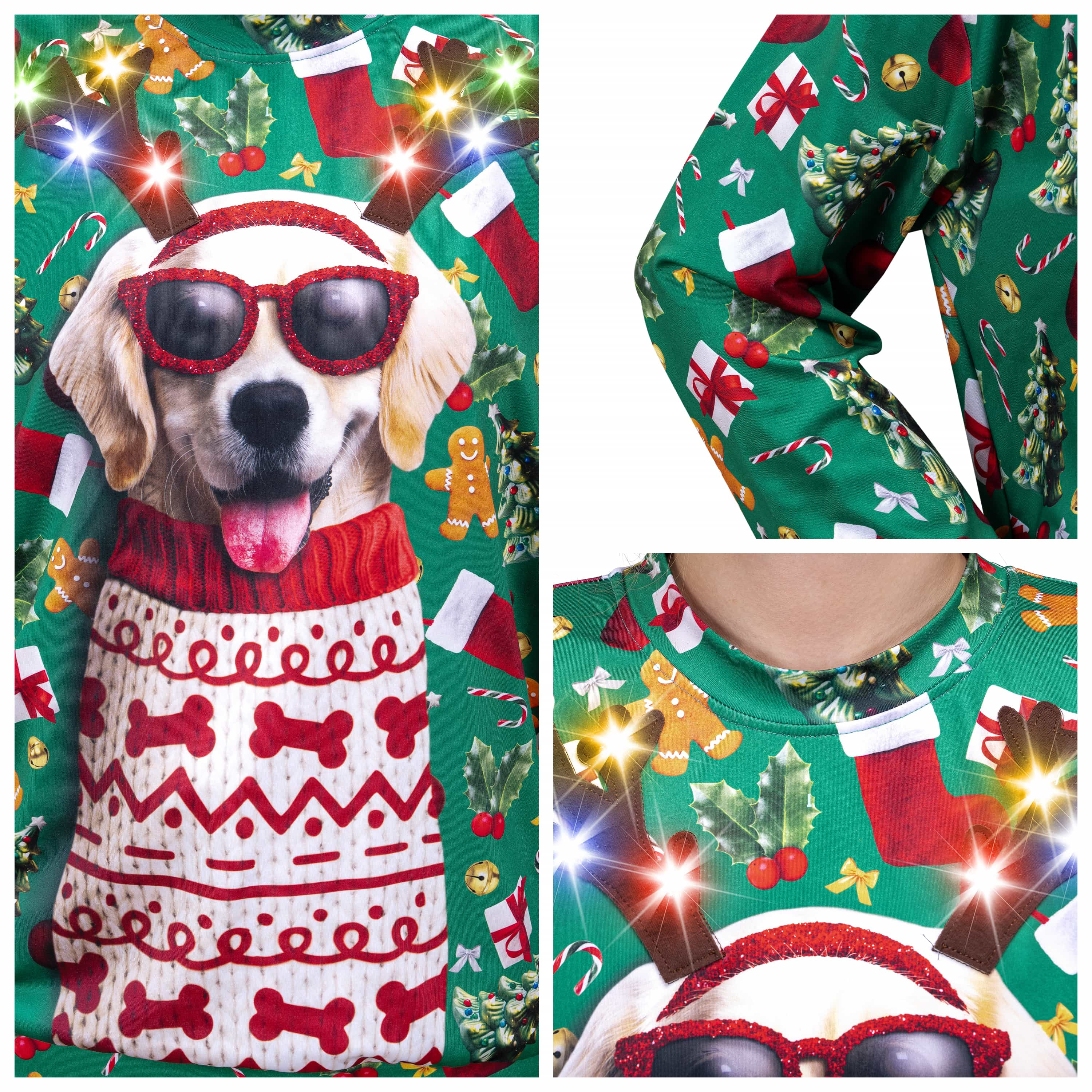 Unisex Christmas Crewneck Puppy Sweatshirt with Light Bulbs