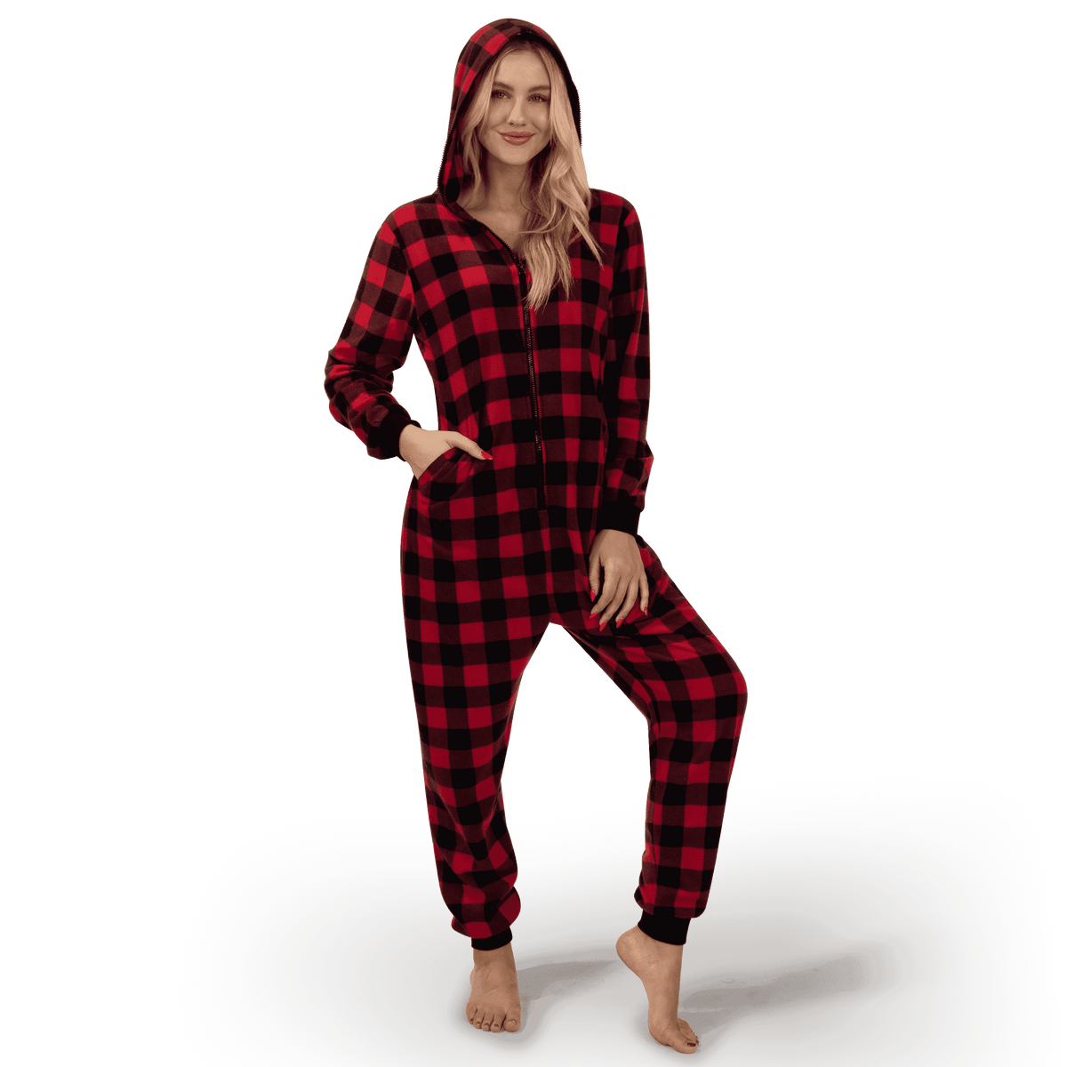 Women Fleece Christmas Buffalo Plaid Jumpsuit Red