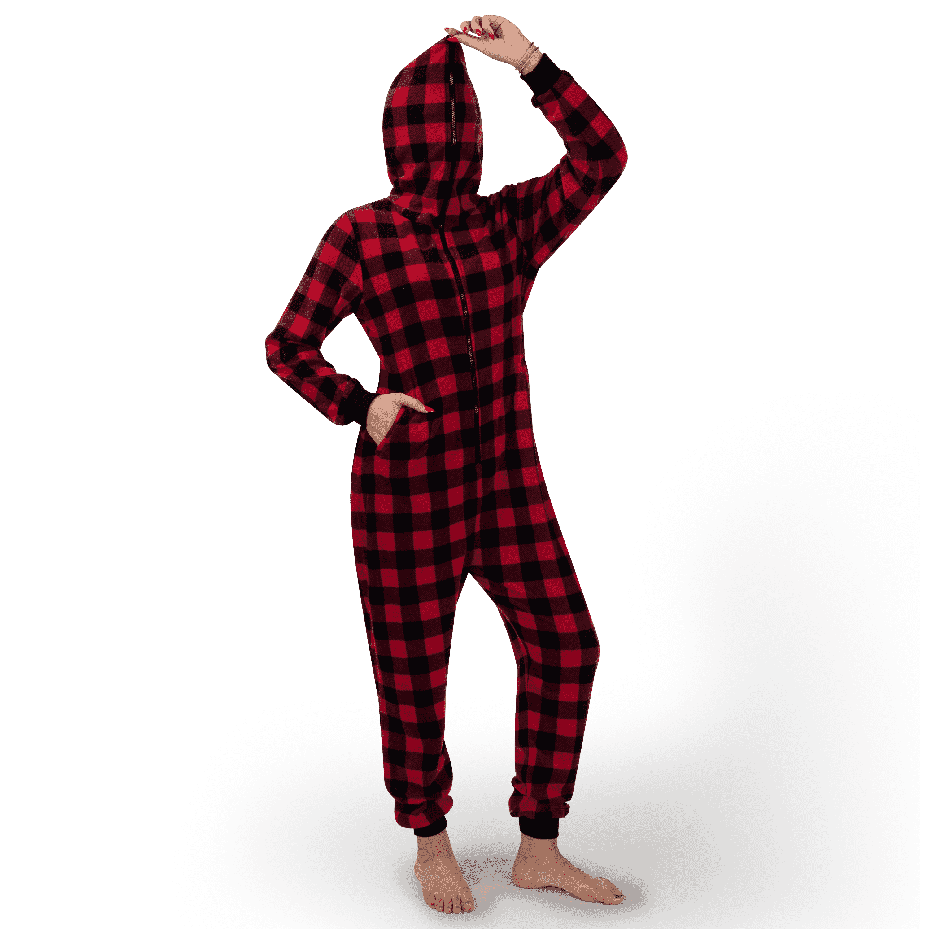 Women Fleece Christmas Buffalo Plaid Jumpsuit Red