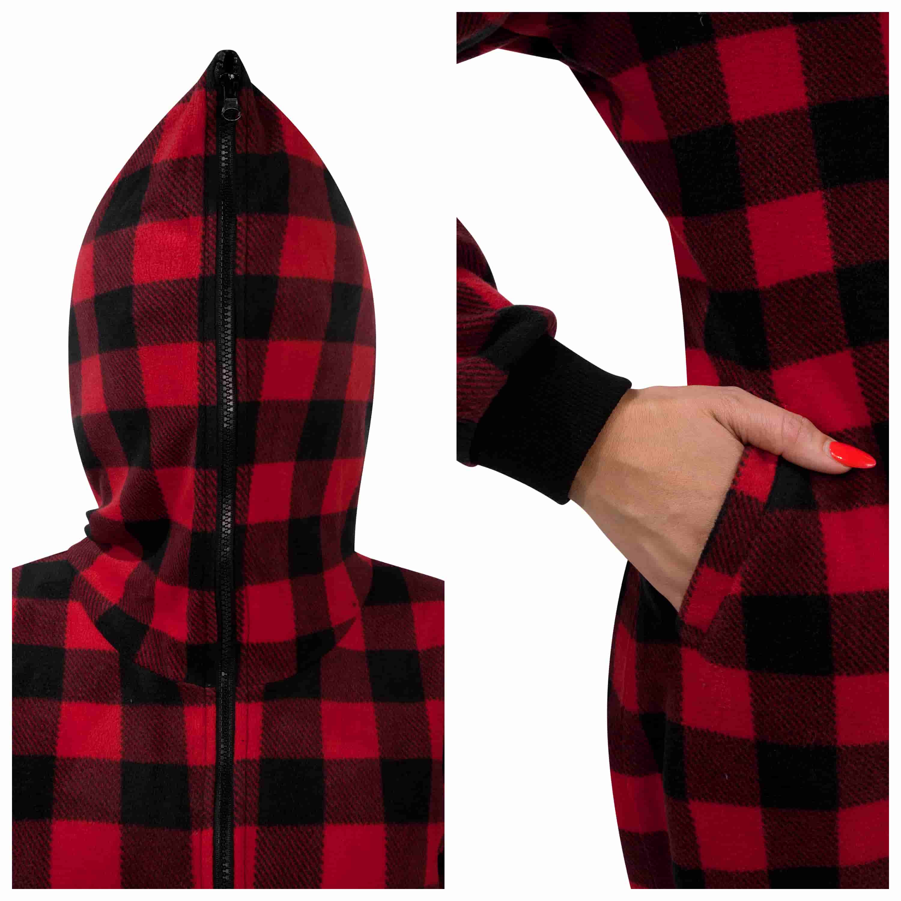 Women Fleece Christmas Buffalo Plaid Jumpsuit Red