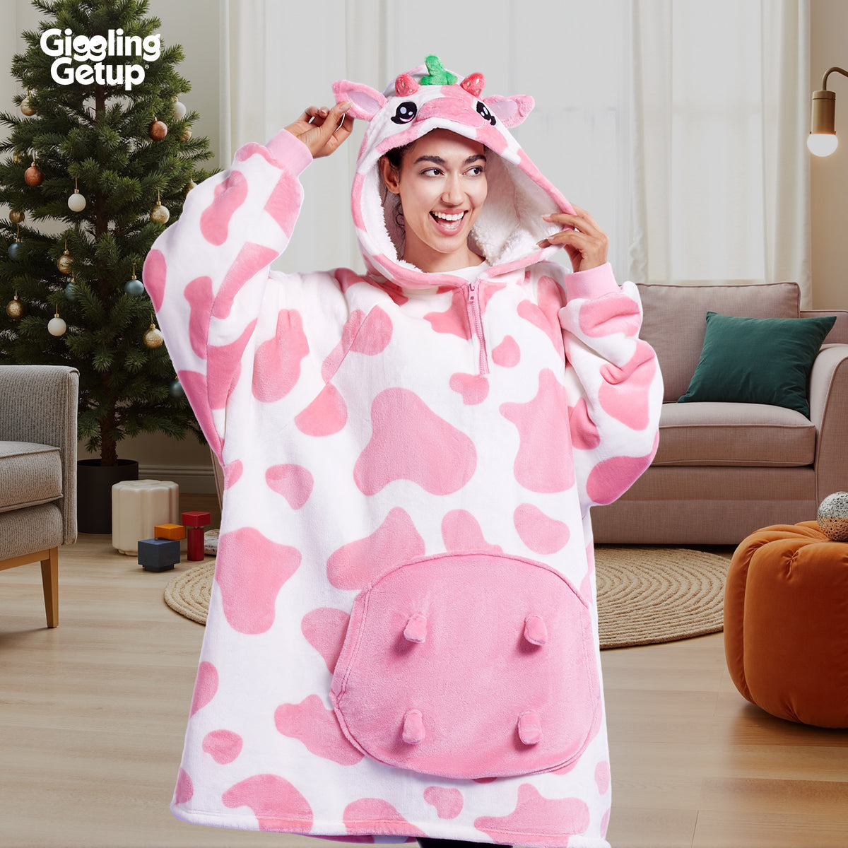 Wearable Blanket Strawberry Cow For Adults