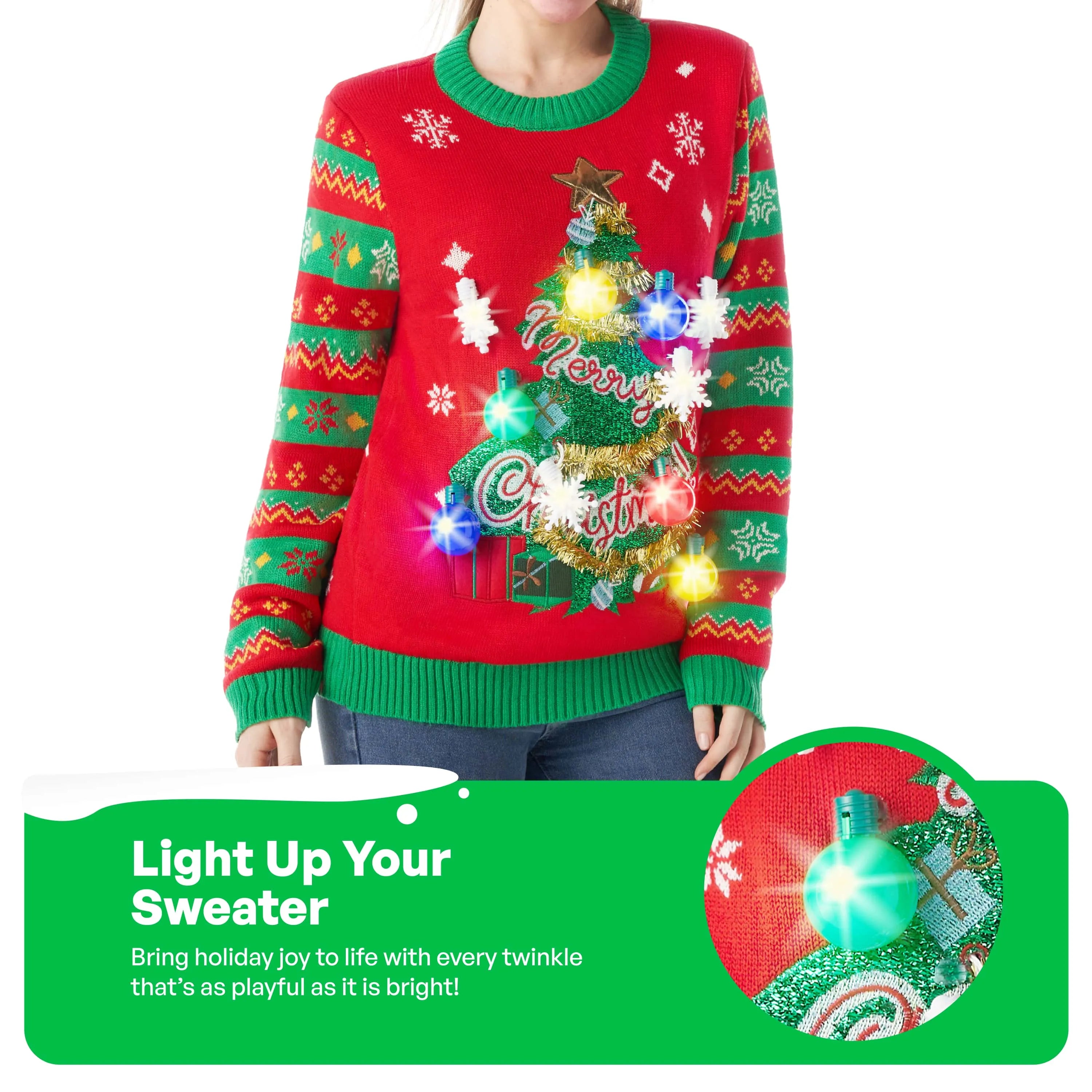 Women Christmas Tree Ugly Sweater with Light Bulbs