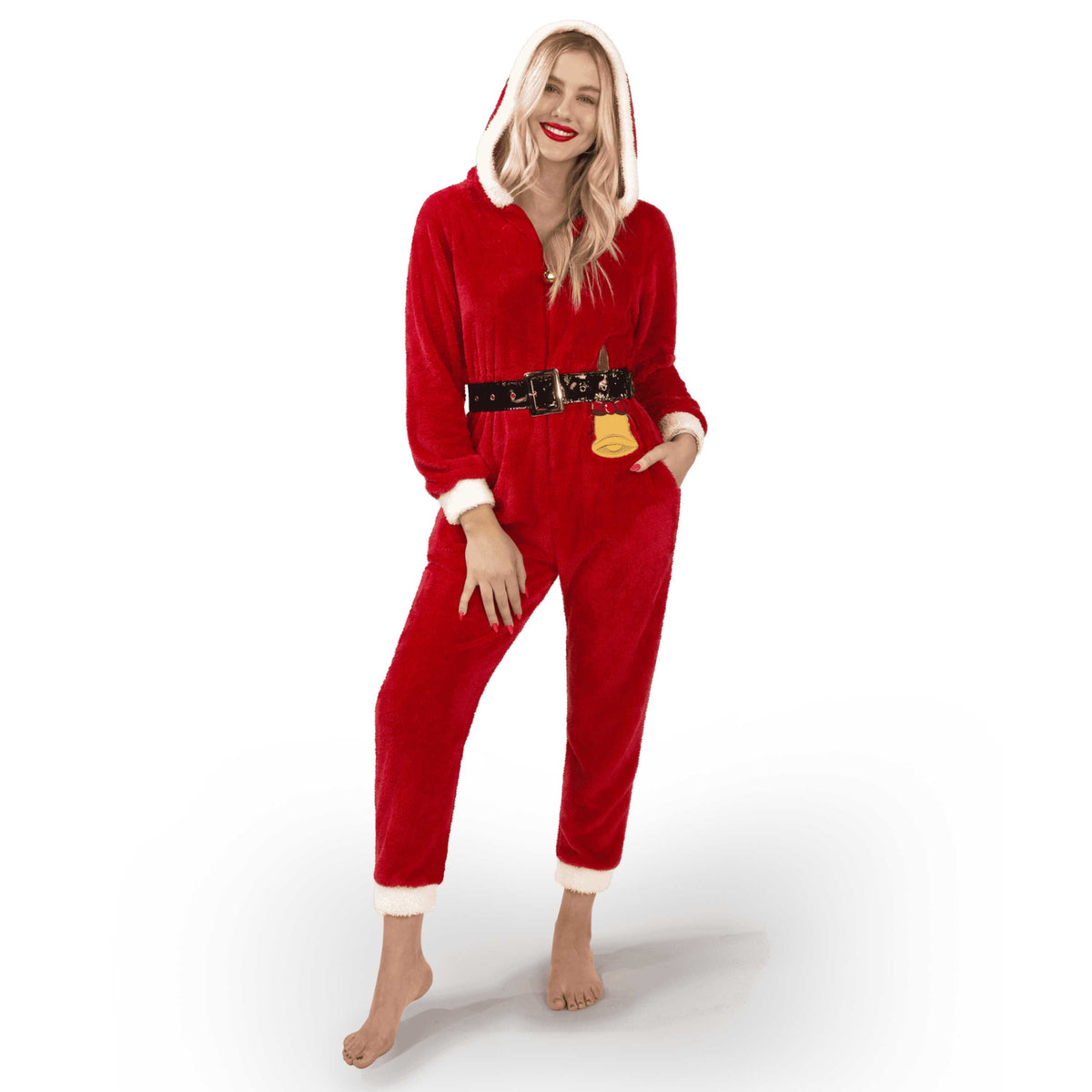 Women Santa Hoody Jumpsuit With Belt