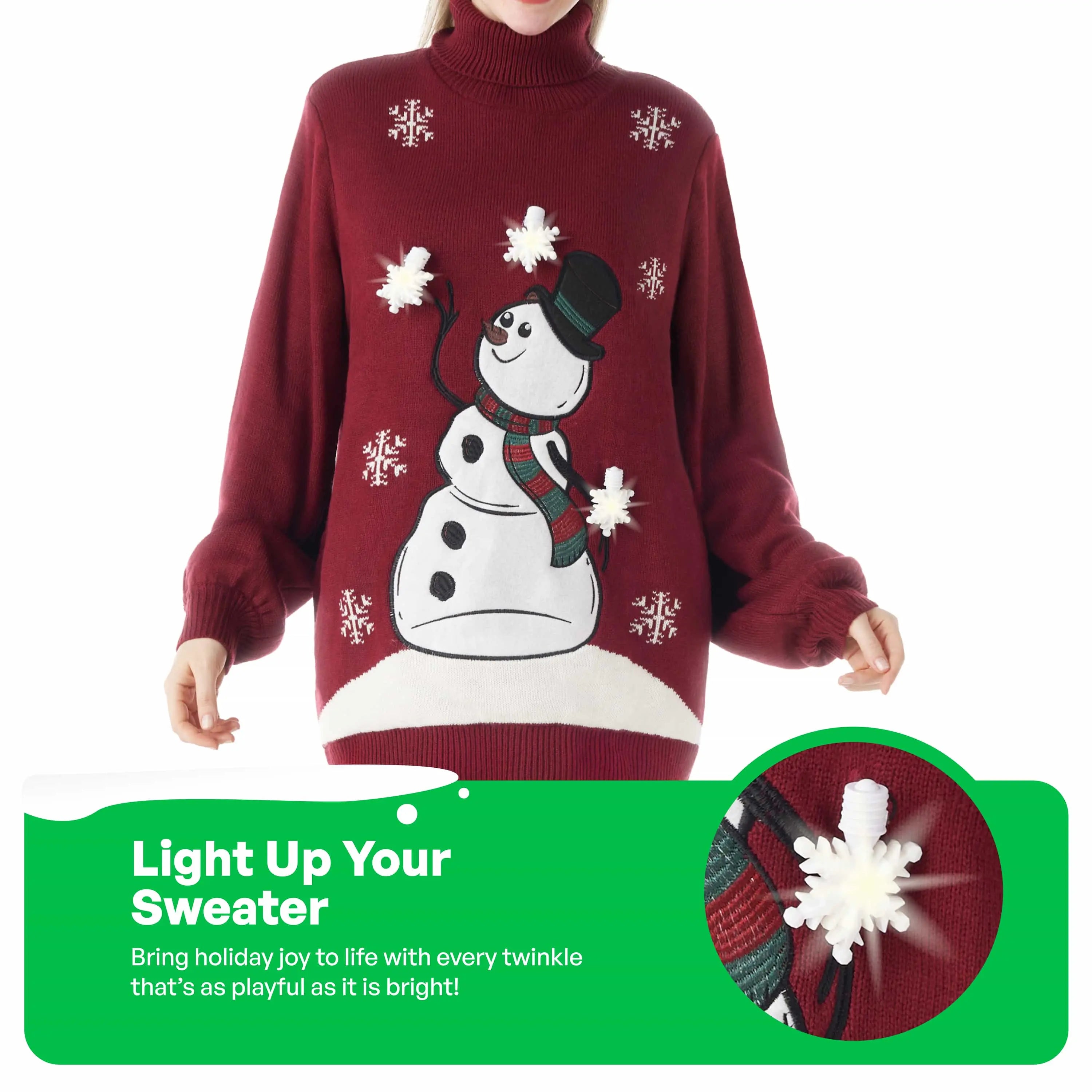 Women Turtleneck Snowman ugly sweater with bulbs